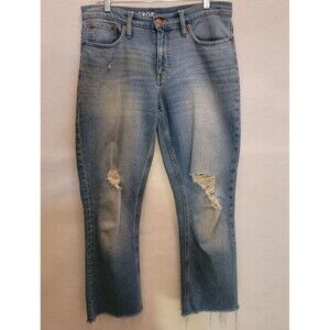 J. Crew Demi-Boot Crop Jeans Mid-Wash Blue Distressed High-Rise Raw Hem Sz 29T